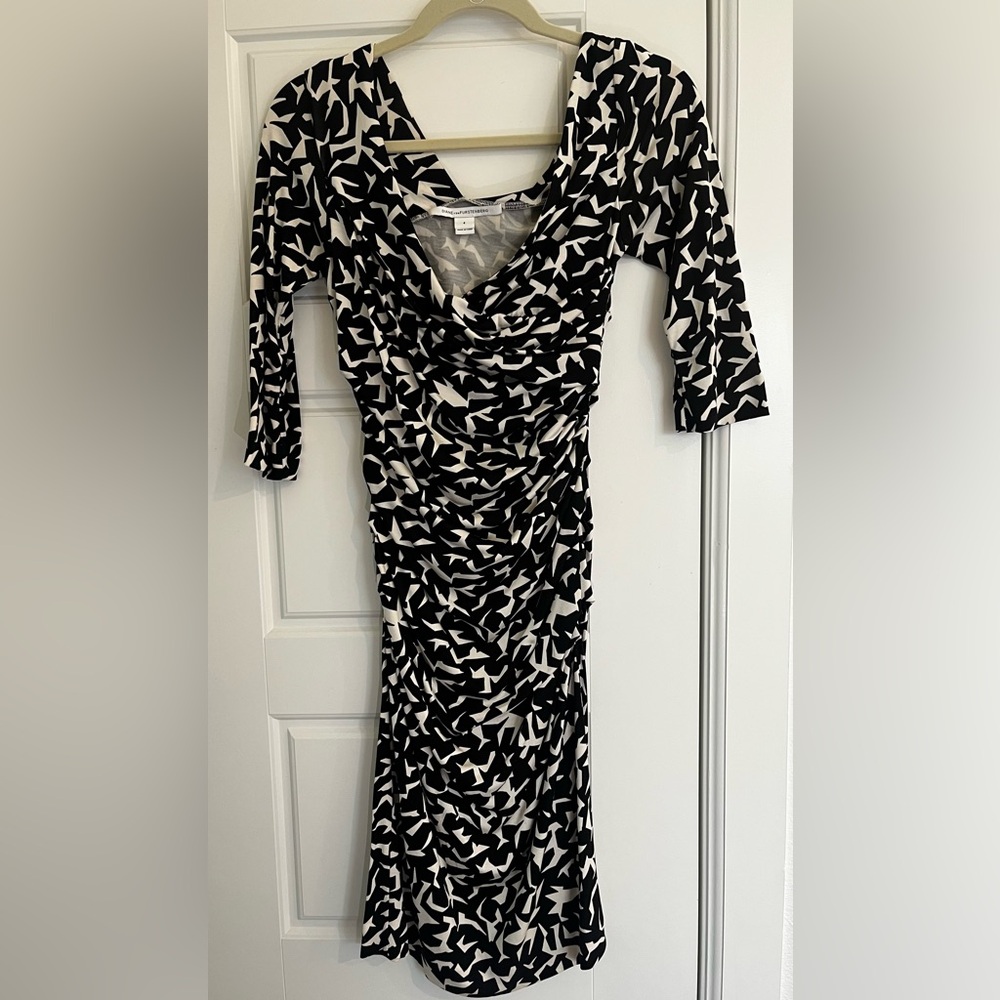 Diane Von Furstenberg Black and White Ruched Wrap Dress